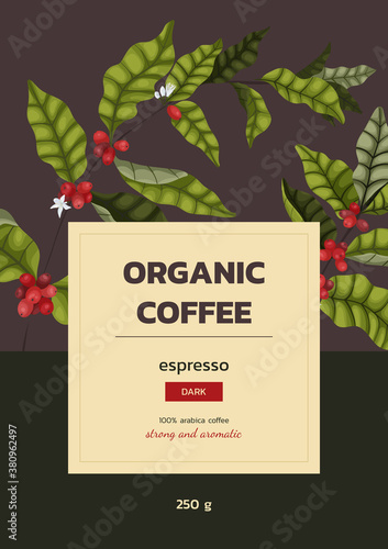 Fototapeta Naklejka Na Ścianę i Meble -  Vector illustration concept of advertising coffee with branches and berries of coffee tree in cartoon style. Vertical banner or packaging design for coffee beans or ground