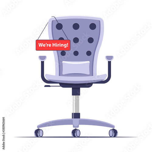 We Are Hiring Vector Concept Empty Office Chair Isolated. Come Join Us. Business Hiring and Recruiting Concept Flat Style Vector