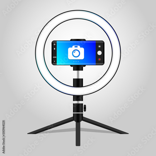 Professional Photo Ring Light icon Photostudio Light with Led ring and stand Vector Illustration