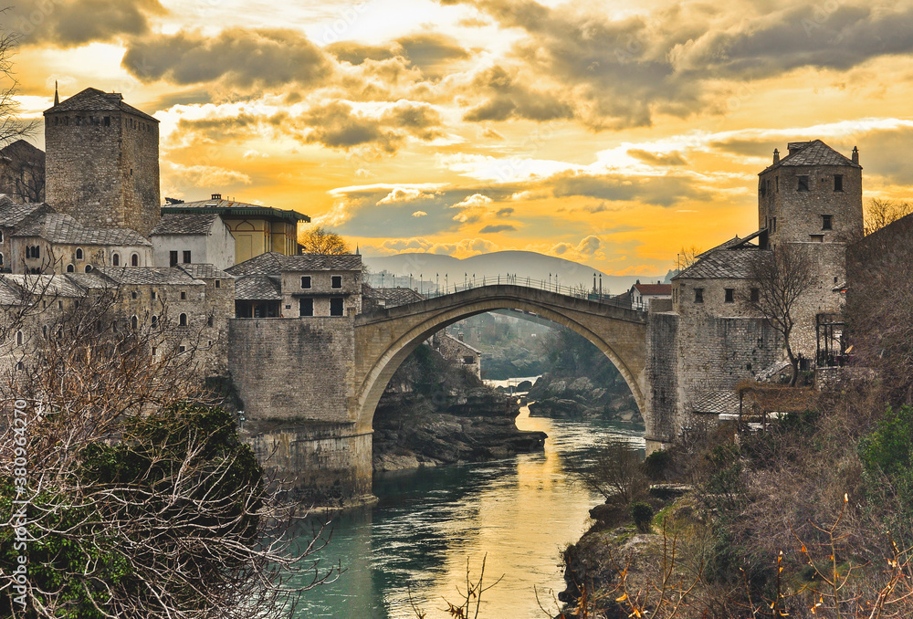 Famous Mostar Bridge at the Old Town, in Bosnia and Herzegovina