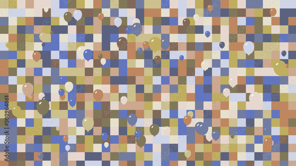 Balloons in front of geometric squares with brown and blue colors. Checkered background with large squares and shapes. Balloons in front of geometric squares with brown and blue colors. Checkered background with large squares and shapes.