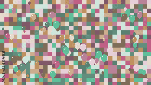 Balloons in front of geometric squares with pink and green colors. Checkered background with large squares and shapes.