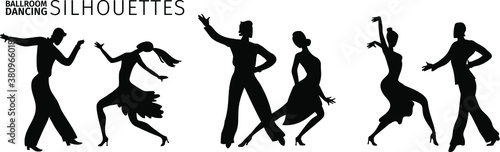 Silhouettes of dancing couples. Trendy vector illustration of professional ballroom dancers. International Latin  Cha cha  Samba  Rumba  Paso Doble  Jive. American Rhythm  Salsa  Mambo   Swing.
