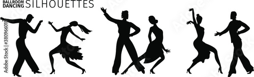 Silhouettes of dancing couples. Trendy vector illustration of professional ballroom dancers. International Latin: Cha cha, Samba, Rumba, Paso Doble, Jive. American Rhythm: Salsa, Mambo,  Swing.