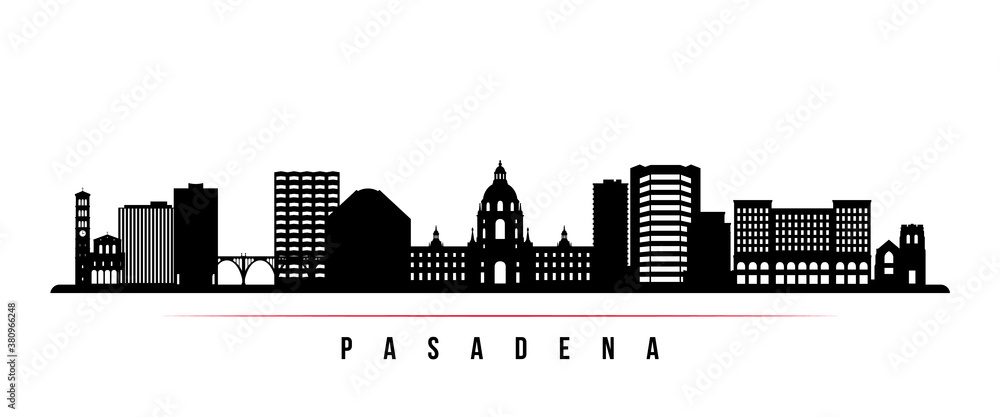 Pasadena skyline horizontal banner. Black and white silhouette of Pasadena City, California. Vector template for your design.