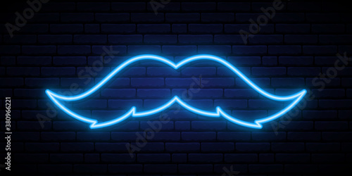 Neon mustache sign. Glowing blue mustache icon on brick wall background. Vector design template.