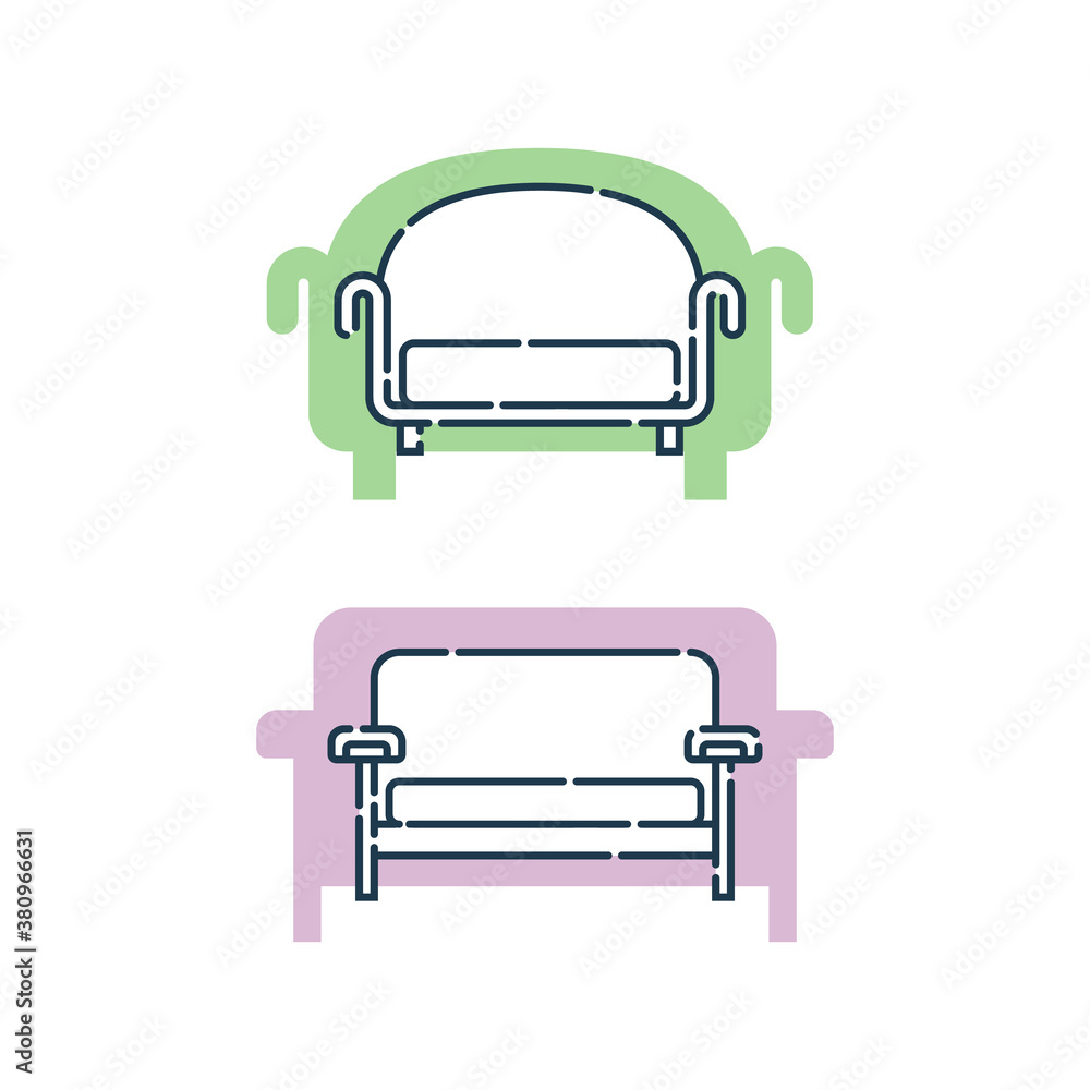 Two comfortable sofa with pillows. Flat illustration with settee on shape background. Modern stylish object for relaxation. Image of couch in line art style. Element furniture of the interior Two comfortable sofa with pillows. Flat illustration with settee on shape background. Modern stylish object for relaxation. Image of couch in line art style. Element furniture of the interior