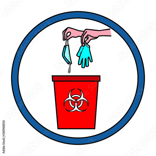 Hand throwing away used protective face mask and gloves in trash bin. garbage bin for biohazard waste. Safely dispose used surgical mask. White background. COVID-19 prevention. 