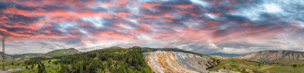 Fototapeta premium Mammoth Hot Springs, Yellowstone National Park. Aerial view from drone viewpoint