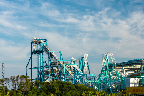 A Blue and White Metal Rollercoaster on the Wildwood Boardwalk in New Jersey