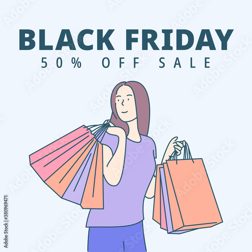 Black Friday banner concept. Beautiful girl carrying a shopping bag and smiling happily.