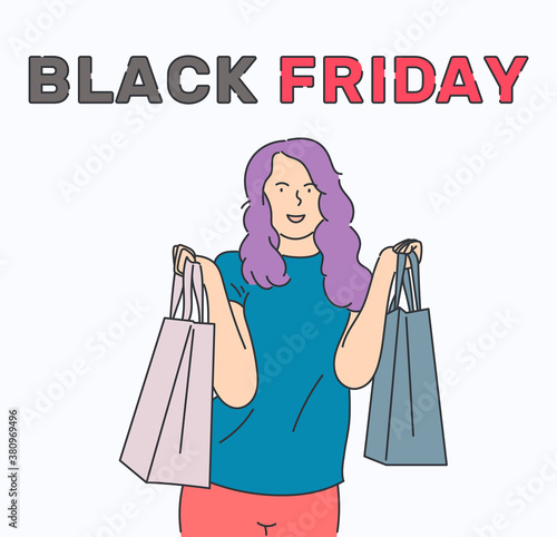 Black Friday banner concept. Beautiful girl carrying a shopping bags and smiling happily. Hand drawn in thin line style, vector illustrations.