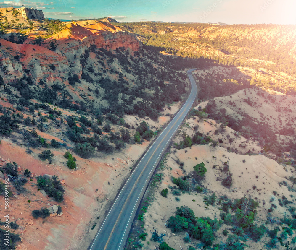 Mountains of Bryce Canyon at sunset, Utah. Aerial view from drone