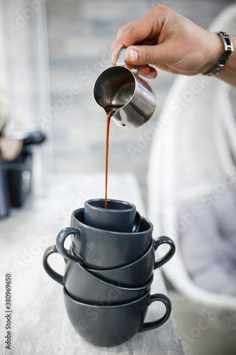 Cup of invigorating espresso in the morning. Preparing espresso coffee in an unusual way.