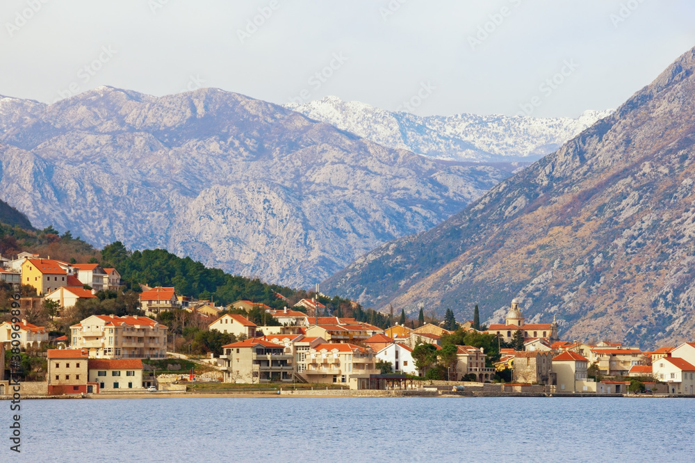 Beautiful winter Mediterranean landscape.  Montenegro, Adriatic Sea. View of Kotor Bay and Prcanj town