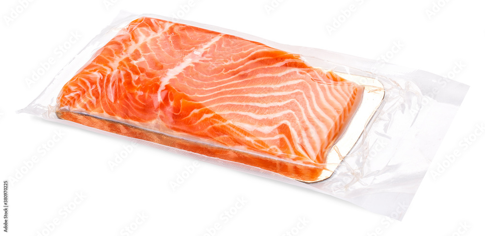 Vacuum packed salmon portion fillet isolated on white background Vacuum packed salmon portion fillet isolated on white background