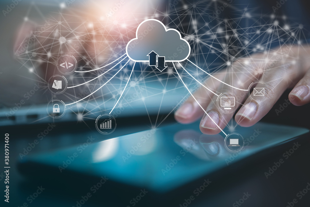 Naklejka premium person working on computer devices for cloud computing digital technology development concept