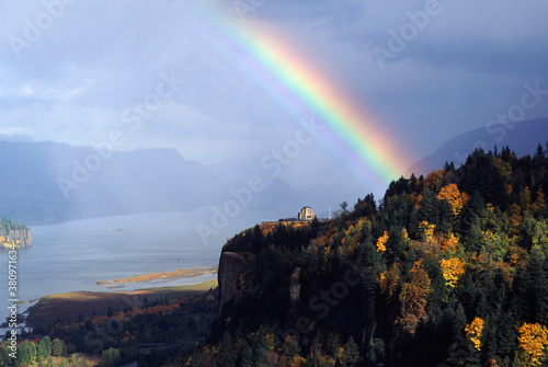 A rainbow over crown point in the Columbia River Gorge National Scenic Area