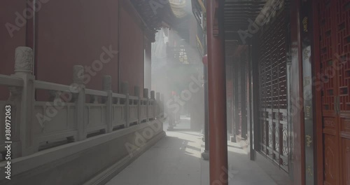 Foggy courtyard of a temple in China.