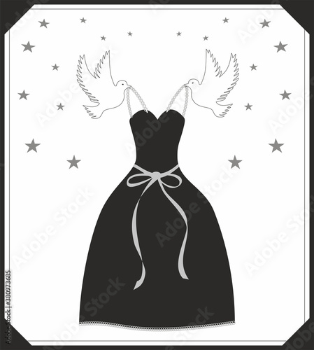 Dress in black and white with pigeons, inspiration from Cinderella. Vector illustration. EPS10.