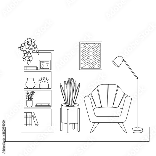 A room with furniture,an armchair, a painting, a shelf, flowers. Cute simple coloring book, outline, sketch, vector illustration.