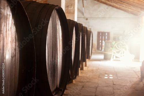 Wine barrels stacked in the old cellar of the vinery in Spain
