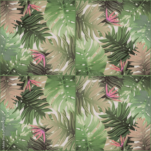 Seamless green pink abstract pattern floral tropical exotic tropics, branched palm tree leaves flower jungle wallpaper square mosaic, tiles texture background © Corri Seizinger