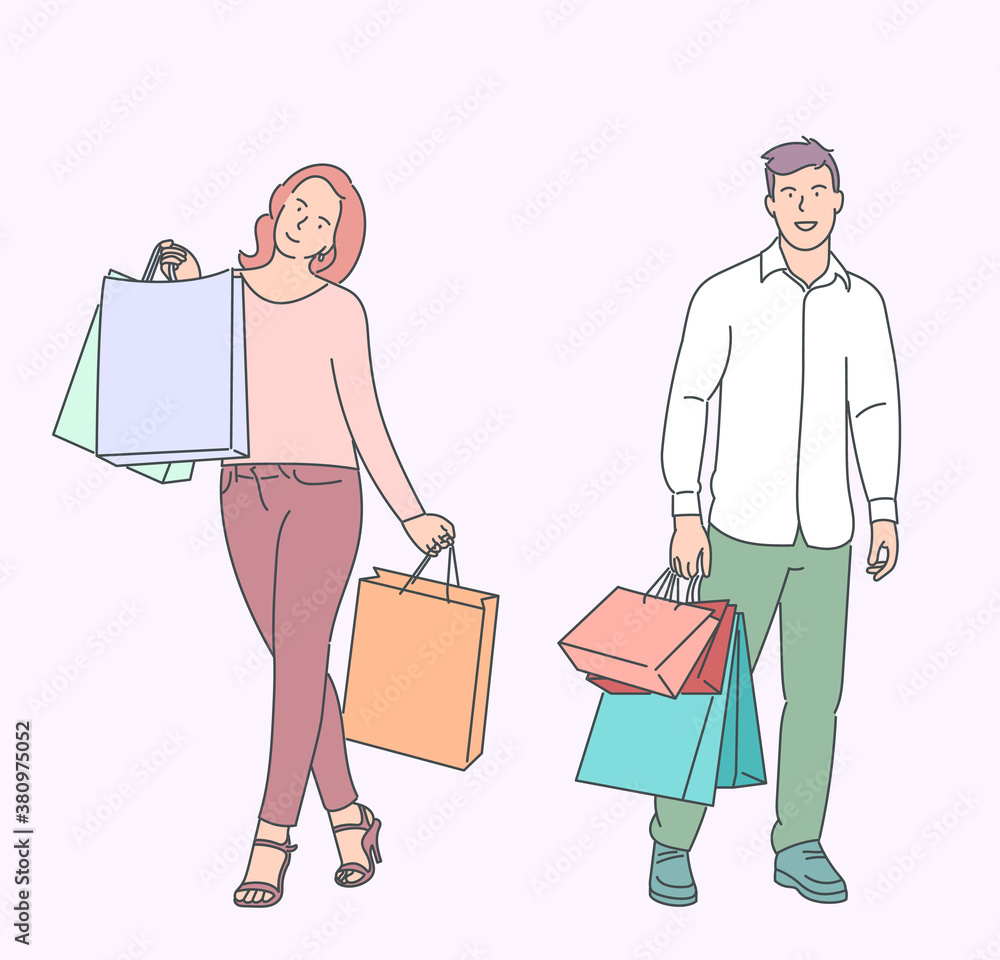 Shopping, sale, choice, store, buy concept. Young man woman husband wife boyfriend girlfriend characters carrying a shopping bag. Joy for buying sale goods, discounts. Shopping, sale, choice, store, buy concept. Young man woman husband wife boyfriend girlfriend characters carrying a shopping bag. Joy for buying sale goods, discounts.