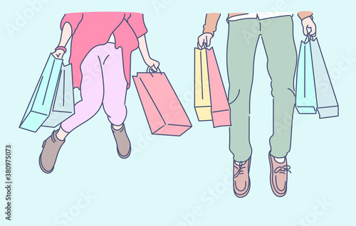 Shopping, sale, choice, store, buy concept. Young cheerful couple jumping with happiness on black friday from good shopping. Hand drawn in thin line style, vector illustrations.