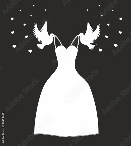 Black and white design with white dress carried by pigeons, inspiration from tale of princess Cinderella.  Hearts in surrondings. Vector illustration. EPS10. photo