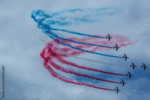 Patrouille Acrobatique de France (acrobatic patrol of France) - precision aerobatic demonstration team of French Air Force on 51st International Paris Salon (Le Bourget). PARIS, FRANCE. 