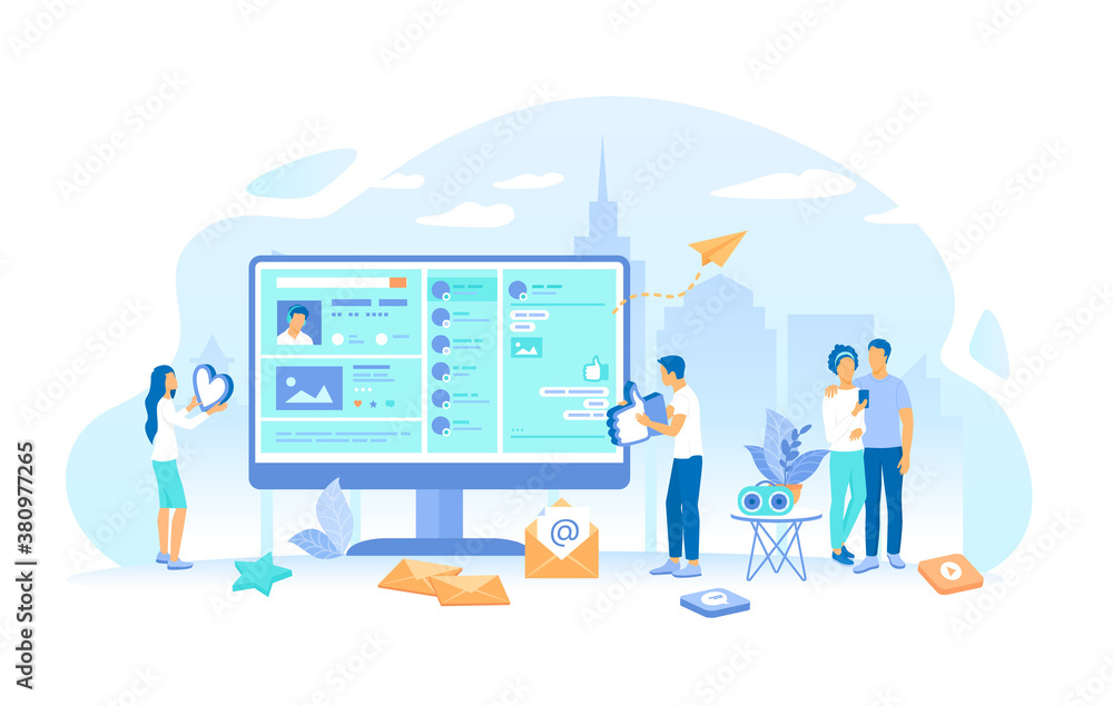 People communicate on a social network, read posts, give likes. Online internet communication. Web page interface, media apps and services. Working process, teamwork communication. Vector illustration