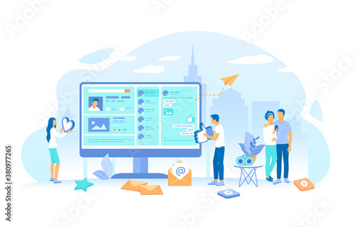 People communicate on a social network, read posts, give likes. Online internet communication. Web page interface, media apps and services. Working process, teamwork communication. Vector illustration