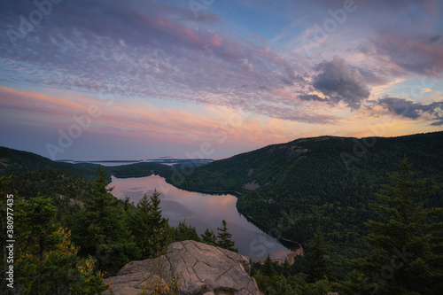 Colorful clouds over Jordan Pond overlook from North Bubble in Acadia National Park