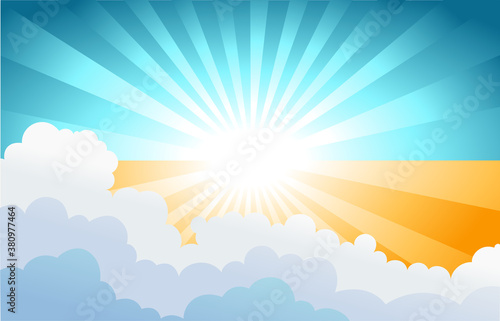 Blue sky and sun rays with clouds . blue green cloud  background illustration.