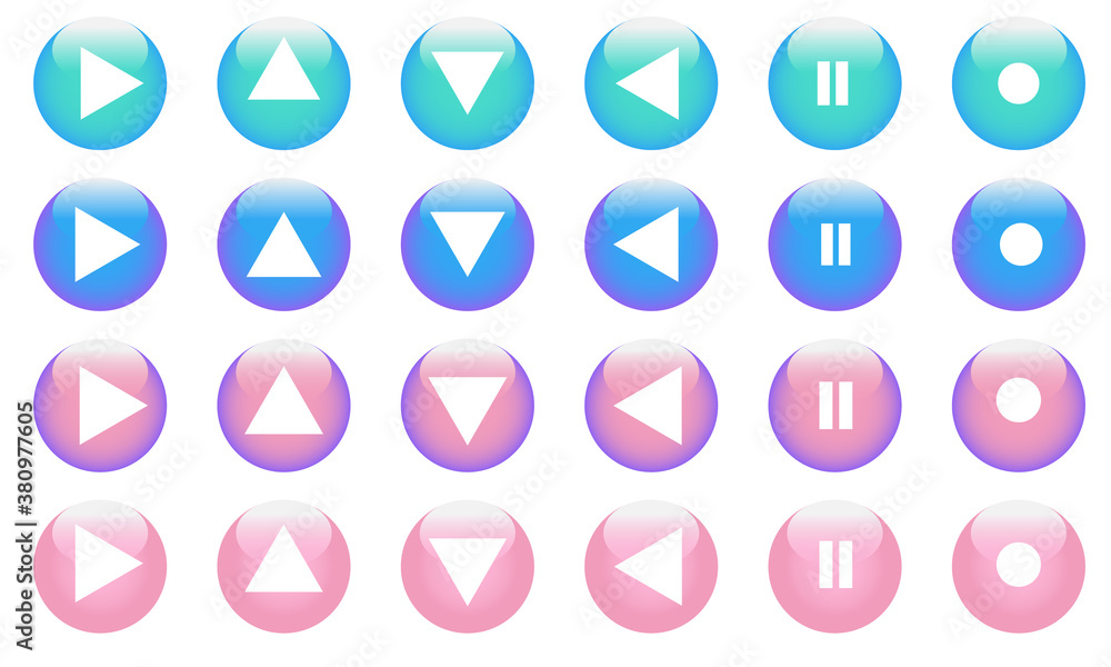 set of vector button arrows. Collection of icon buttons with signs: arrows pause stop enable. Arrows in a trendy pink and blue color on a white background. set of vector button arrows. Collection of icon buttons with signs: arrows pause stop enable. Arrows in a trendy pink and blue color on a white background.
