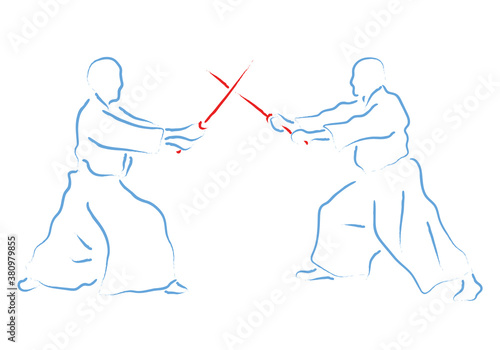 Aikido combat between athletes, stylized vector illustration