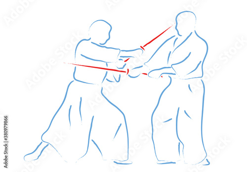 Aikido combat between athletes, stylized vector illustration