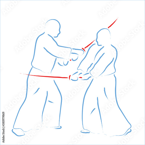 Aikido combat between athletes, stylized vector illustration