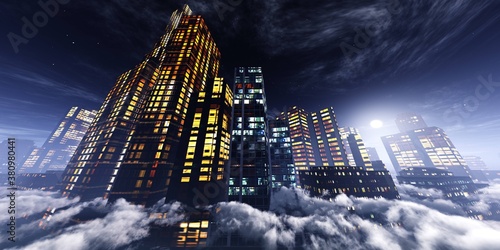 Canvas Print Night city in the clouds, the moon in the clouds over the city, night cityscape,