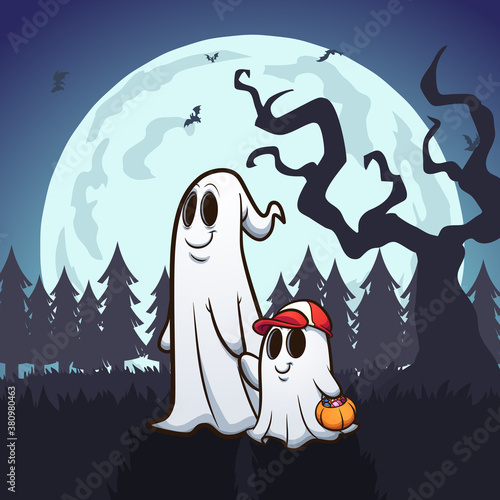 Ghost father and son trick-or-treating. Vector clip art illustration. Some elements on separate layers.
