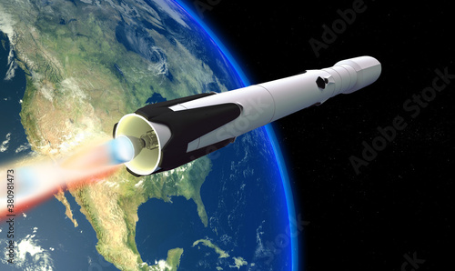 fusée se propulsant en orbite autour de la Terre, Rendu 3D photo