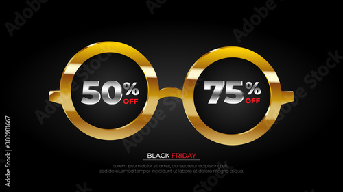 Black Friday Sale. Banners, posters, logos in gold on a dark background. The concept of glasses that see a discount.