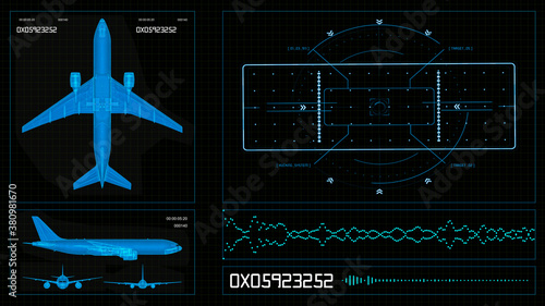 Futuristic HUD elements on a computer display with plane scheme and navigation system on a screen. Hitech Illustration