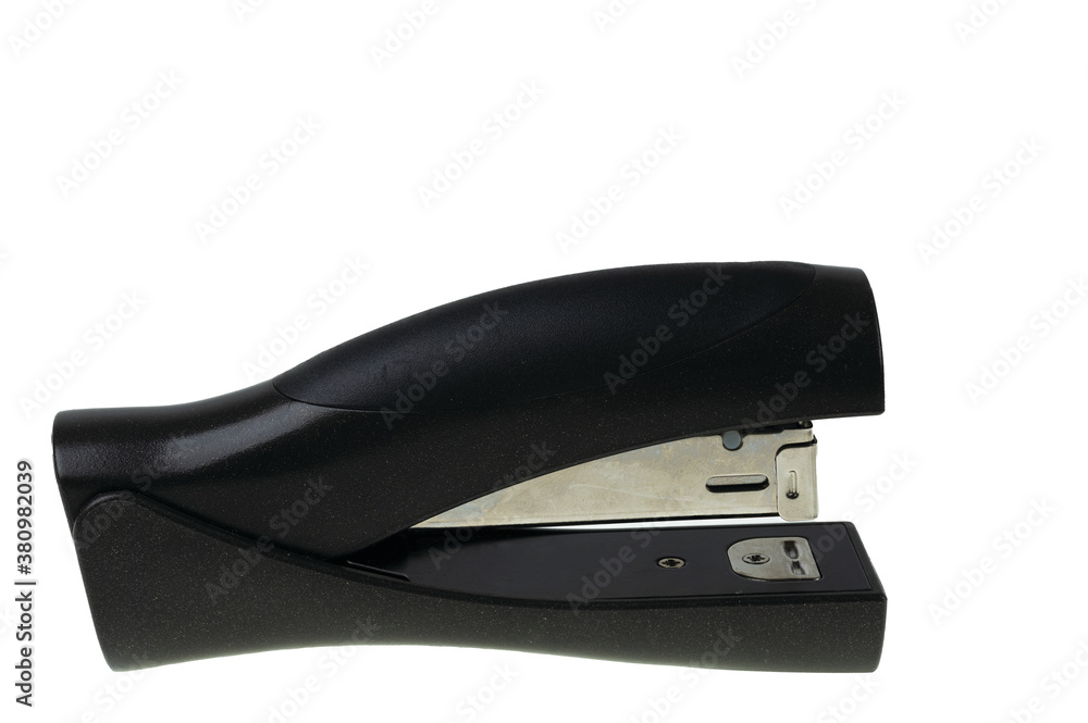 Close up view black stapler isolated on white background. Stationery concept. Close up view black stapler isolated on white background. Stationery concept.