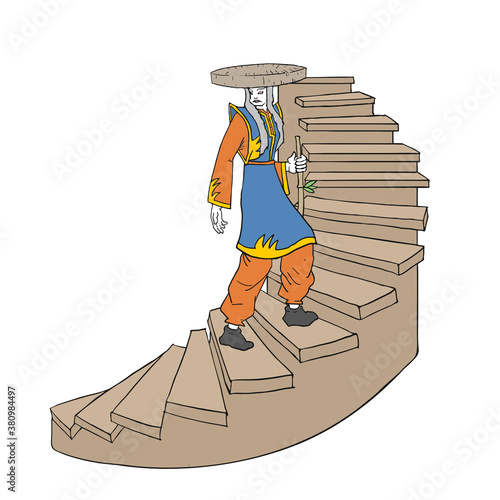 Design of traditional kabuki character goint up for stairs