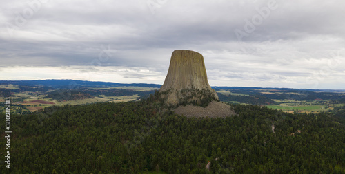 Aerial over Devils Tower and the wilderness in Wyoming