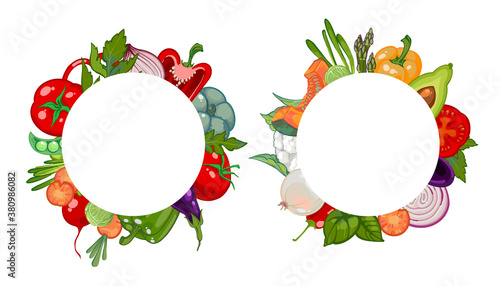 Round frames of vegetables. Healthy organic vegetables from the farmers market. Fresh vegetarian food in a round frame isolated on white background. hand drawn vector illustration.