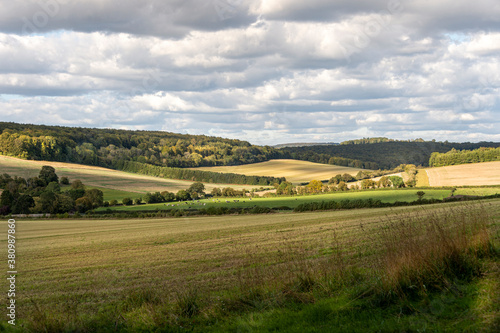 Fields and gentle rolling coutryside of West Sussex, England.