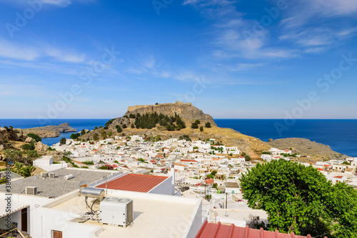 Sightseeing of Greece. Lindos village and Lindos castle, Rhodes island, Dodecanese, Greece